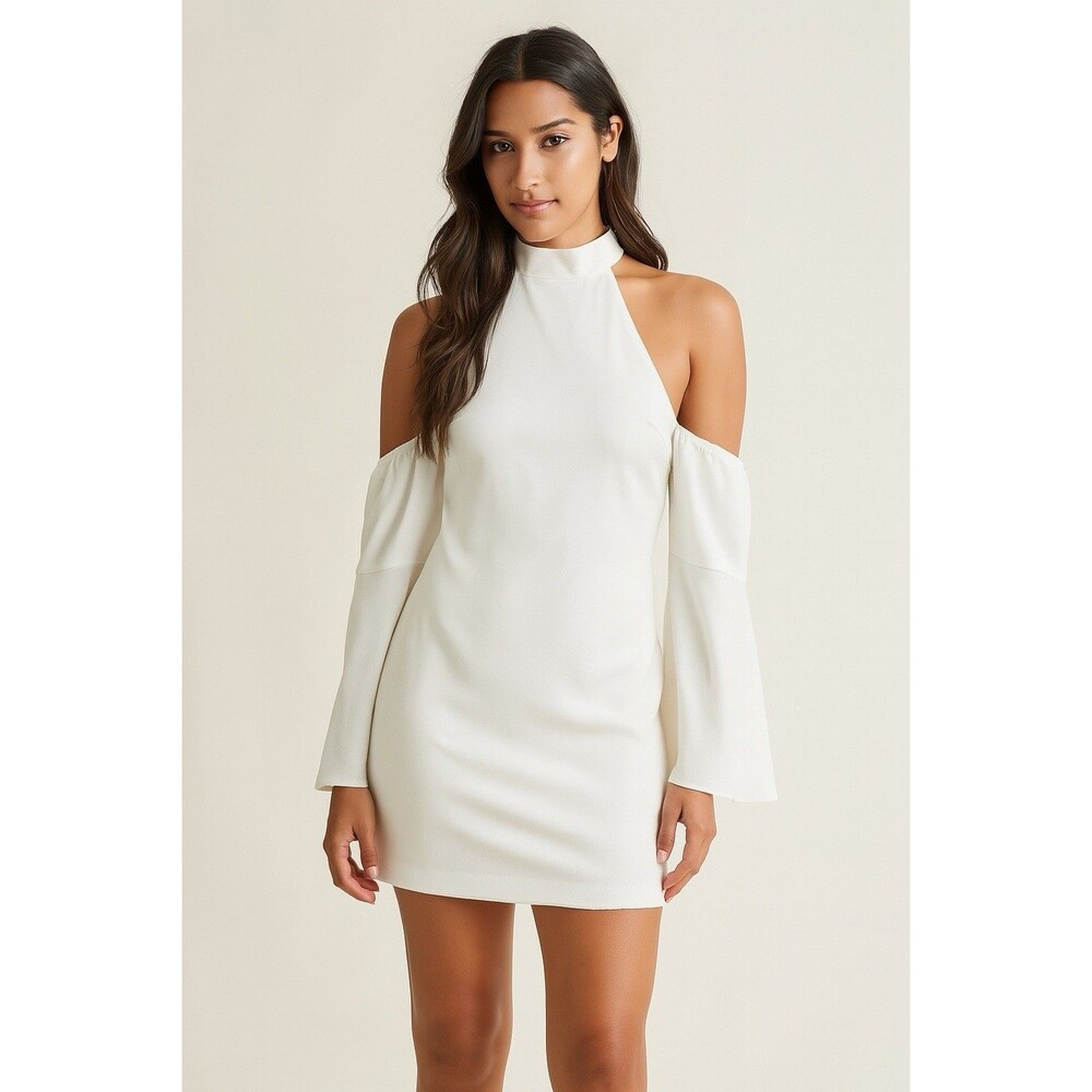 WYLDR Mini Dress Bell Sleeve Cold Shoulder High Neck Stretch White Size S